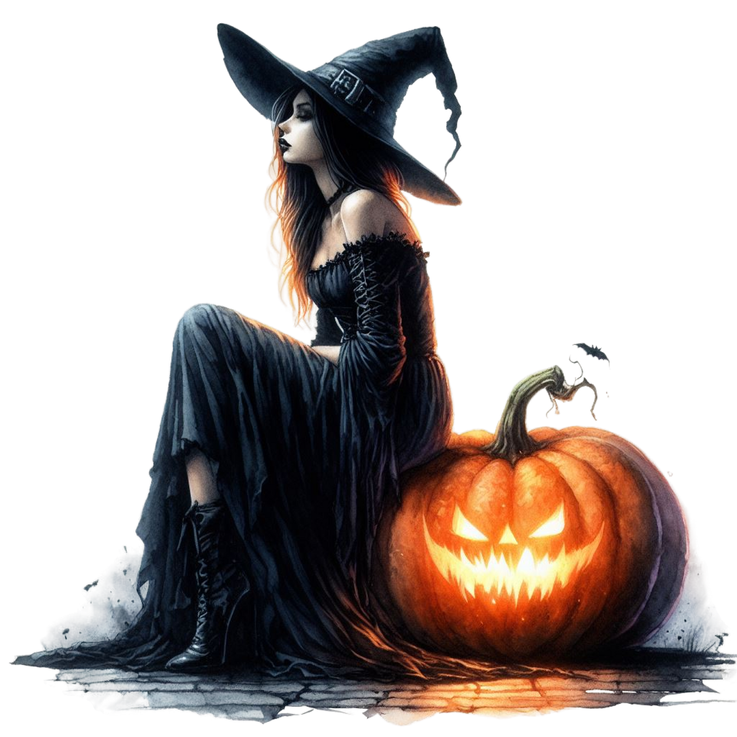 Gothic Black Witch Sitting on Pumpkin Vinyl Wall Sticker