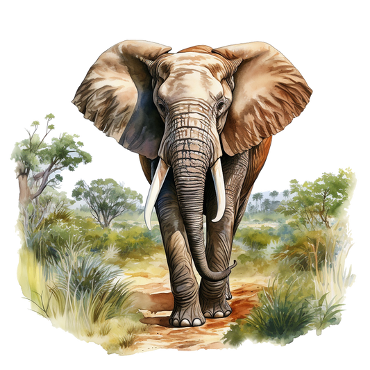 Illustration of an elephant in a natural setting with trees and grass.