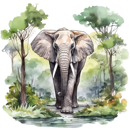 Illustration of an elephant walking through a forest with trees and foliage. vinyl sticker.