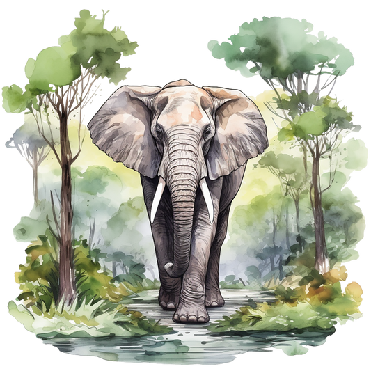 Illustration of an elephant walking through a forest with trees and foliage. vinyl sticker.