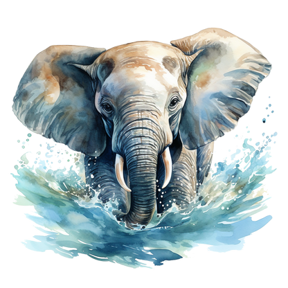 Watercolor painting of an elephant emerging from water with a white background vinyl sticker.