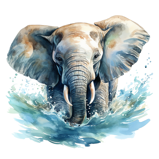 Watercolor painting of an elephant emerging from water with a white background vinyl sticker.