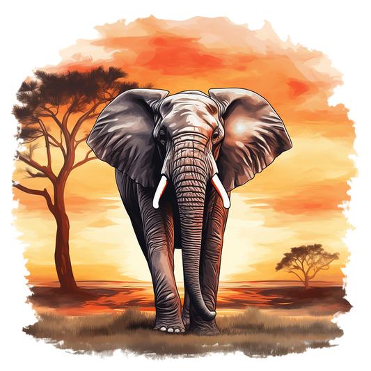 Elephant standing in a savanna with a sunset sky vinyl sticker.