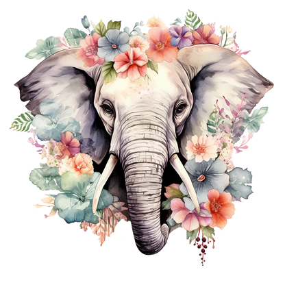 Illustration of an elephant surrounded by colorful flowers and leaves on a white background vinyl sticker.