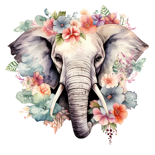 Illustration of an elephant surrounded by colorful flowers and leaves on a white background vinyl sticker.