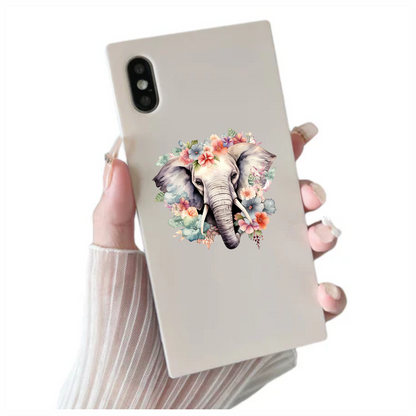 Elephant Head Surrounded By Blue Flowers Vinyl Decal Sticker