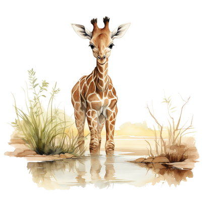 Illustration of a giraffe standing in water with grass and rocks on a white background vinyl sticker.