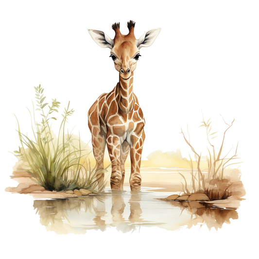 Illustration of a giraffe standing in water with grass and rocks on a white background vinyl sticker.