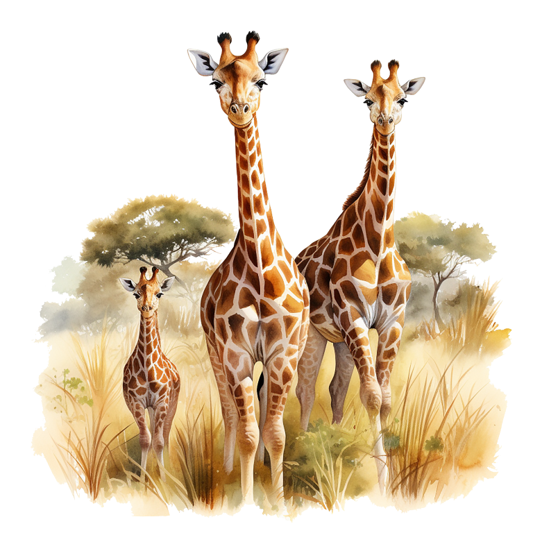 Three giraffes standing in a grassy savanna with trees in the background. vinyl sticker.