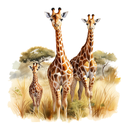 Three giraffes standing in a grassy savanna with trees in the background. vinyl sticker.