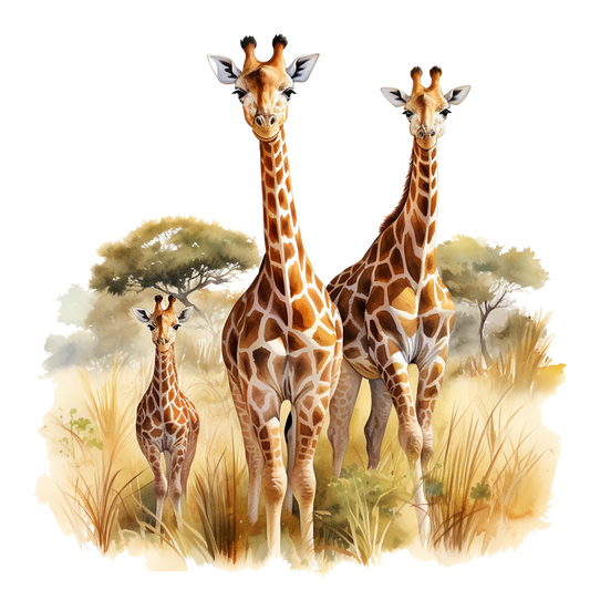 Three giraffes standing in a grassy savanna with trees in the background. vinyl sticker.