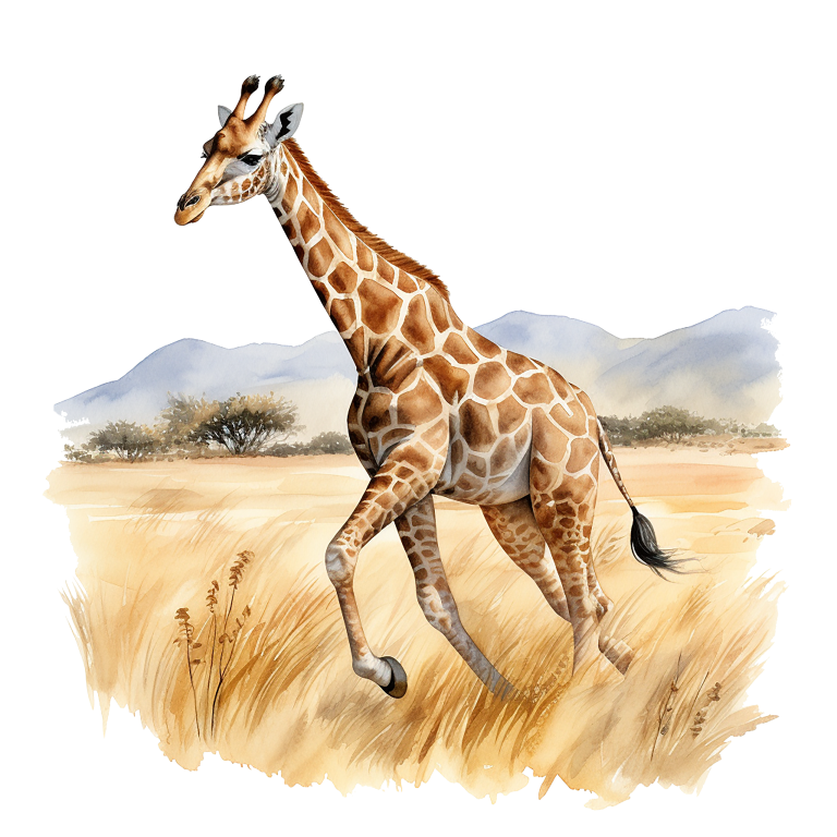Giraffe running in a savannah with mountains in the background vinyl sticker.