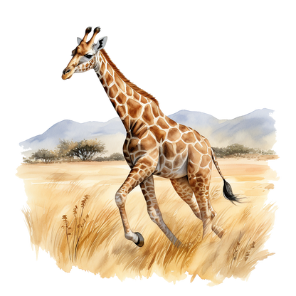 Giraffe running in a savannah with mountains in the background vinyl sticker.