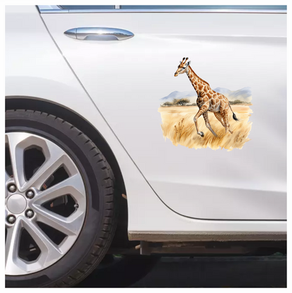 Running Brown Giraffe Across Grassland Vinyl Decal Sticker
