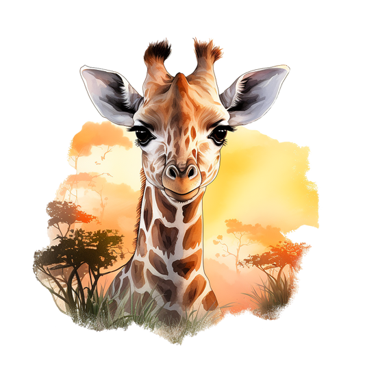 Giraffe illustration with a sunset landscape in the background vinyl sticker.