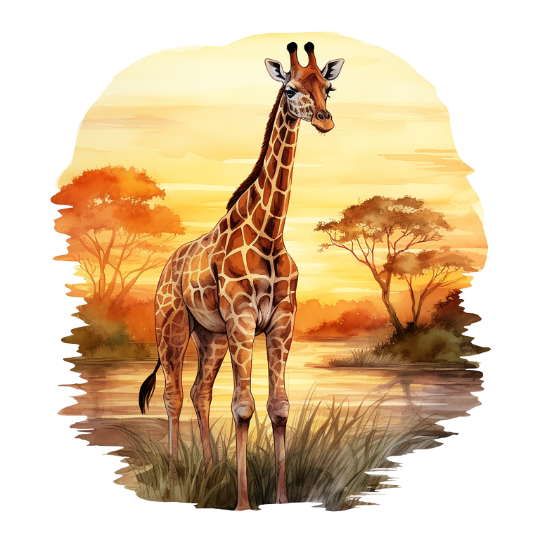 Giraffe standing in a savanna landscape with a sunset sky vinyl sticker.