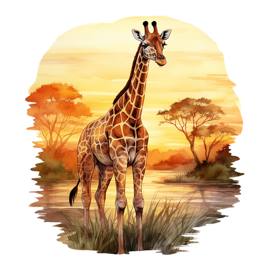 Giraffe standing in a savanna landscape with a sunset sky vinyl sticker.