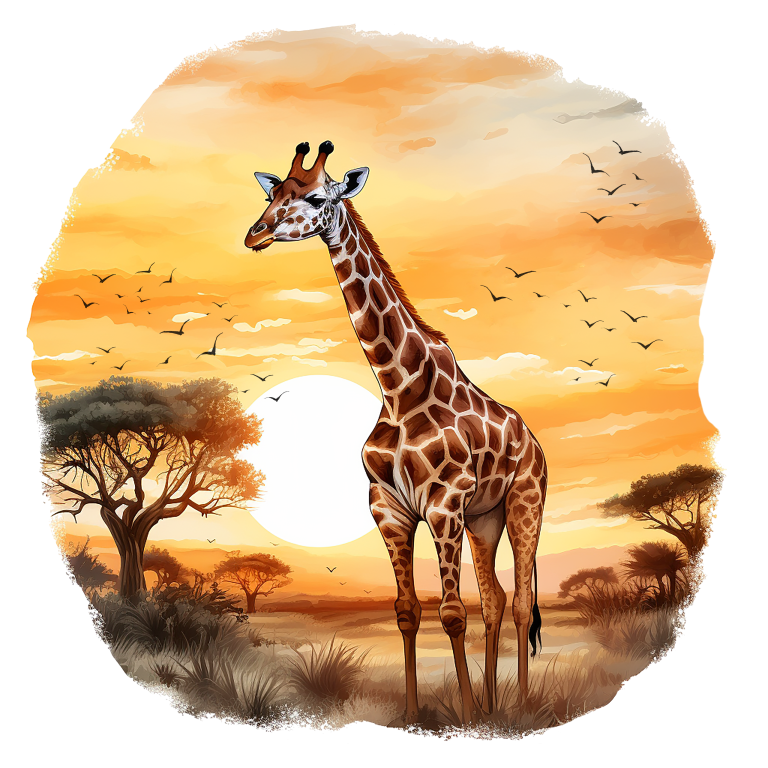 Giraffe standing in a savannah landscape with a sunset sky vinyl sticker.