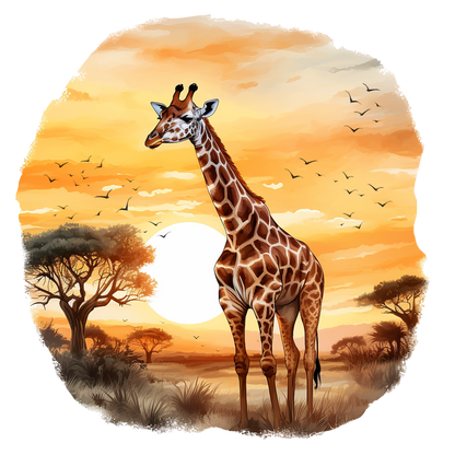 Giraffe standing in a savannah landscape with a sunset sky vinyl sticker.