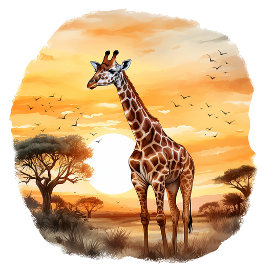 Giraffe standing in a savannah landscape with a sunset sky vinyl sticker.