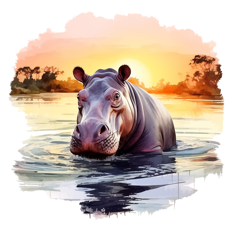 Hippopotamus partially submerged in water with a sunset landscape in the background vinyl sticker.
