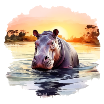Hippopotamus partially submerged in water with a sunset landscape in the background vinyl sticker.