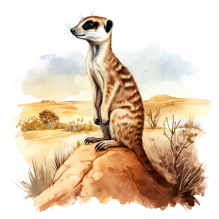 Illustration of a meerkat on a rock with a desert landscape background vinyl sticker.