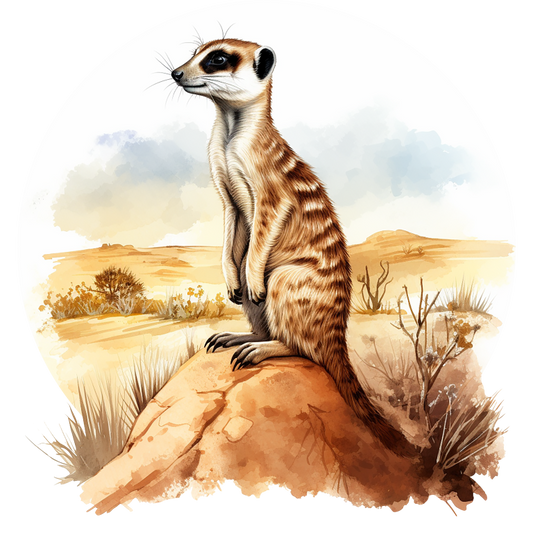 Illustration of a meerkat on a rock with a desert landscape background vinyl sticker.