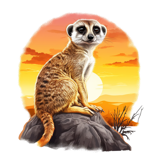 Meerkat sitting on a rock with a sunset background vinyl sticker.