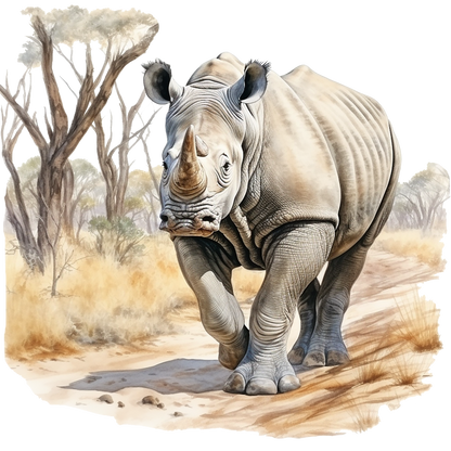 Illustration of a rhinoceros in a natural setting with trees and dry grass. vinyl sticker.