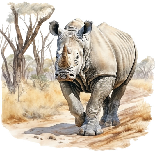 Illustration of a rhinoceros in a natural setting with trees and dry grass. vinyl sticker.