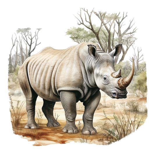 Illustration of a rhinoceros in a natural setting with trees and grass. vinyl sticker.