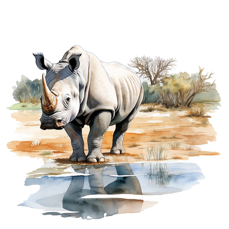 Illustration of a rhinoceros standing in water with a natural landscape background vinyl sticker.