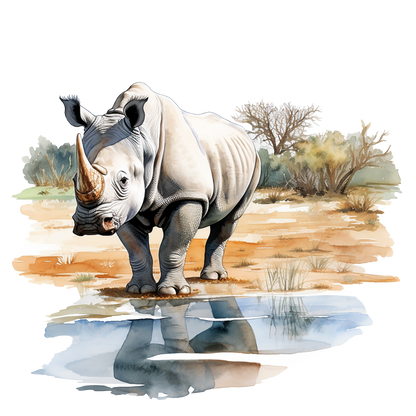 Illustration of a rhinoceros standing in water with a natural landscape background vinyl sticker.