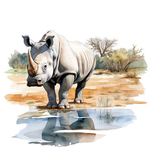 Illustration of a rhinoceros standing in water with a natural landscape background vinyl sticker.