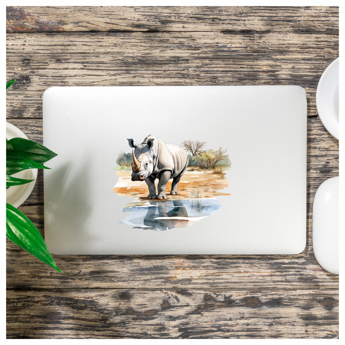 White Rhinoceros Drinking Water Reflection Vinyl Decal Sticker