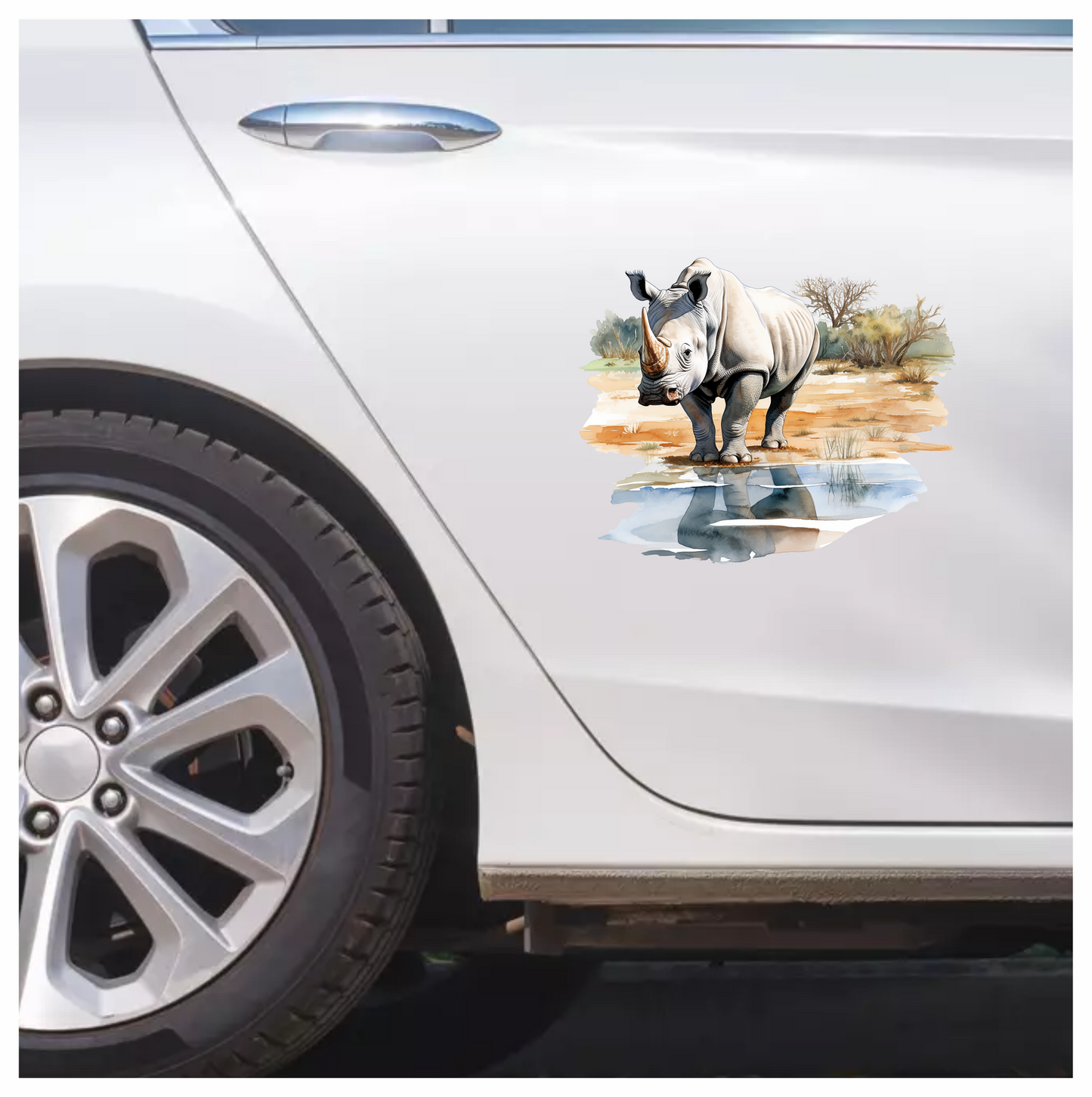 White Rhinoceros Drinking Water Reflection Vinyl Decal Sticker