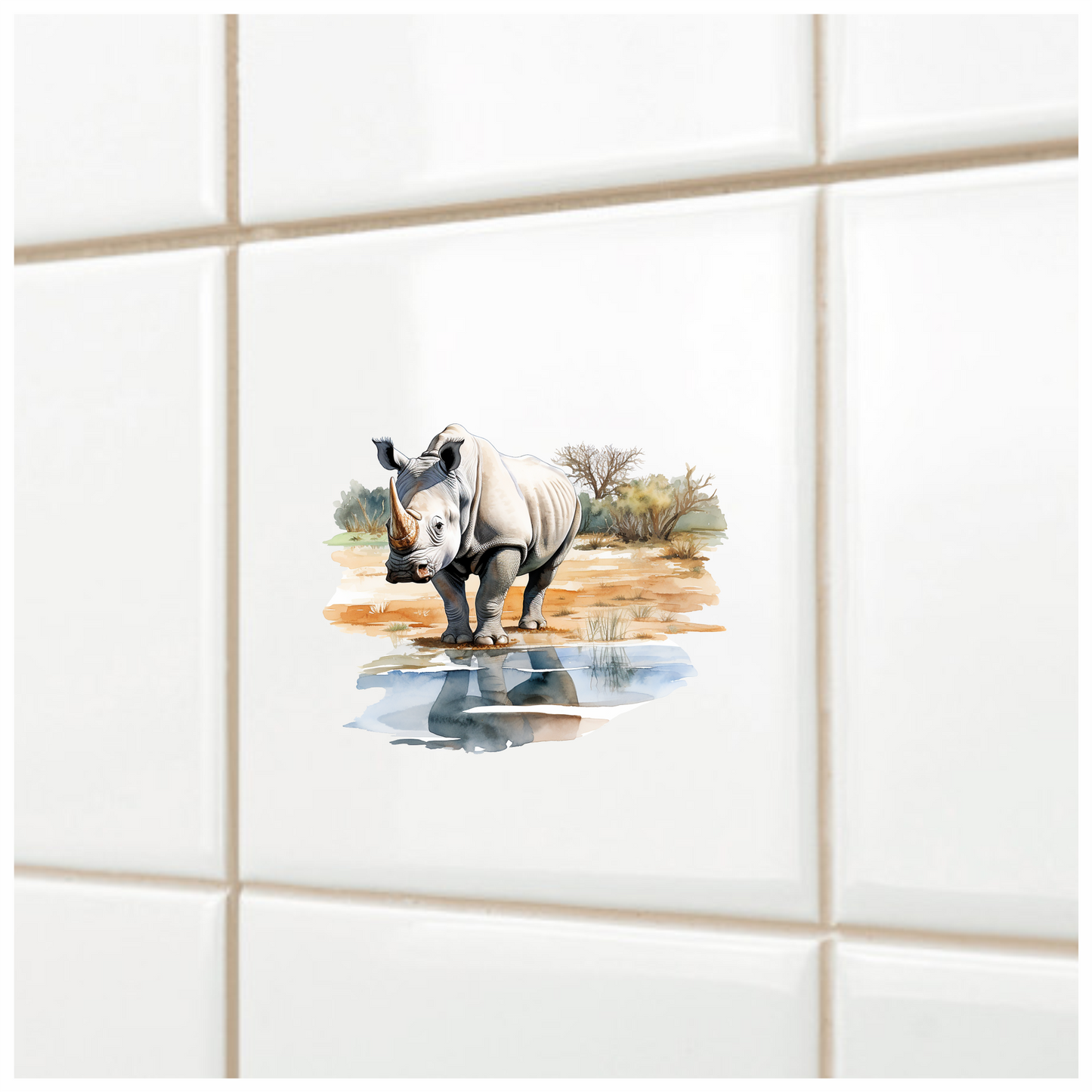 White Rhinoceros Drinking Water Reflection Vinyl Decal Sticker