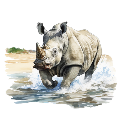 Illustration of a rhinoceros running through water with a natural landscape in the background. vinyl sticker.