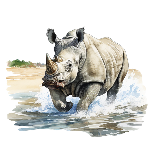 Illustration of a rhinoceros running through water with a natural landscape in the background. vinyl sticker.