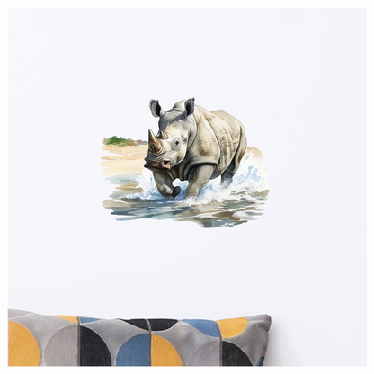 White Rhinoceros Running Through Water Vinyl Decal Sticker