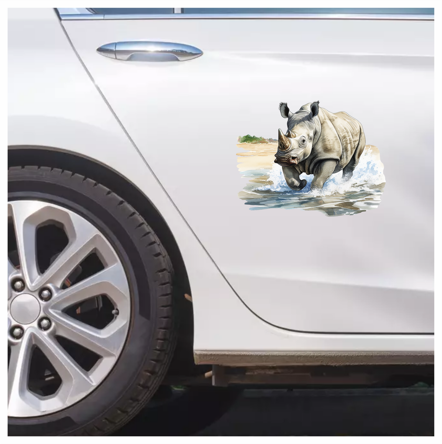 White Rhinoceros Running Through Water Vinyl Decal Sticker