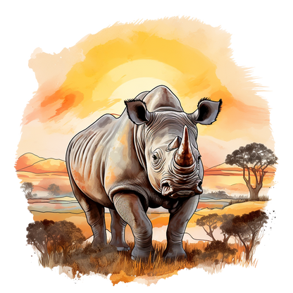Illustration of a rhinoceros in a savanna landscape with a sunset. vinyl sticker.