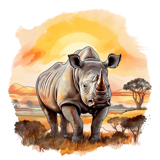 Illustration of a rhinoceros in a savanna landscape with a sunset. vinyl sticker.