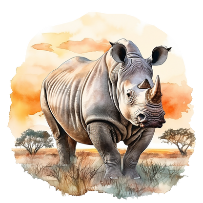 Illustration of a rhinoceros in a natural landscape with trees and a sunset. vinyl sticker.