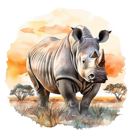 Illustration of a rhinoceros in a natural landscape with trees and a sunset. vinyl sticker.