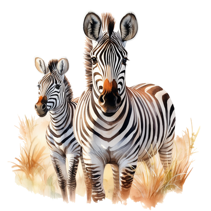 Two zebras standing together with grasses in the background vinyl sticker.