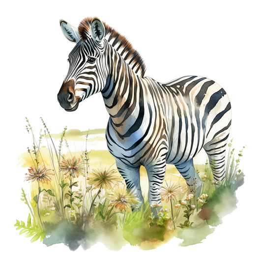 Zebra standing in a grassy field with flowers on a white background vinyl sticker.