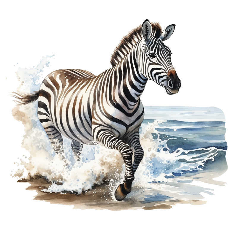 Zebra running through water with a watercolor background vinyl sticker.
