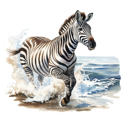 Zebra running through water with a watercolor background vinyl sticker.
